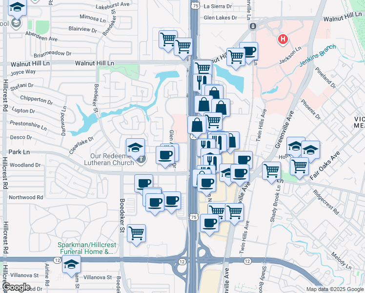 map of restaurants, bars, coffee shops, grocery stores, and more near 9201 West Service Road in Dallas
