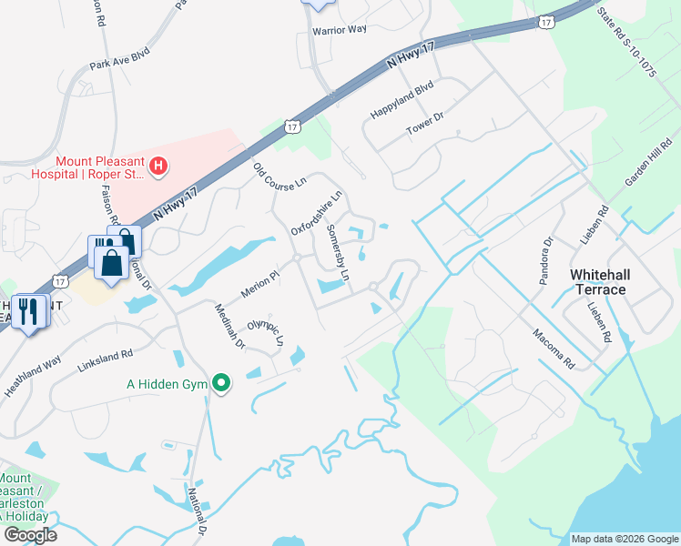 map of restaurants, bars, coffee shops, grocery stores, and more near 1354 Belhaven Drive in Mount Pleasant