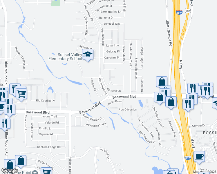 map of restaurants, bars, coffee shops, grocery stores, and more near 2305 Bernese Lane in Fort Worth