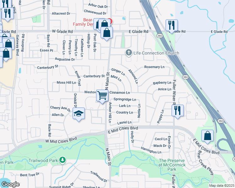 map of restaurants, bars, coffee shops, grocery stores, and more near 112 Cinnamon Lane in Euless