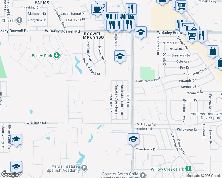 map of restaurants, bars, coffee shops, grocery stores, and more near 8505 Steel Dust Drive in Fort Worth