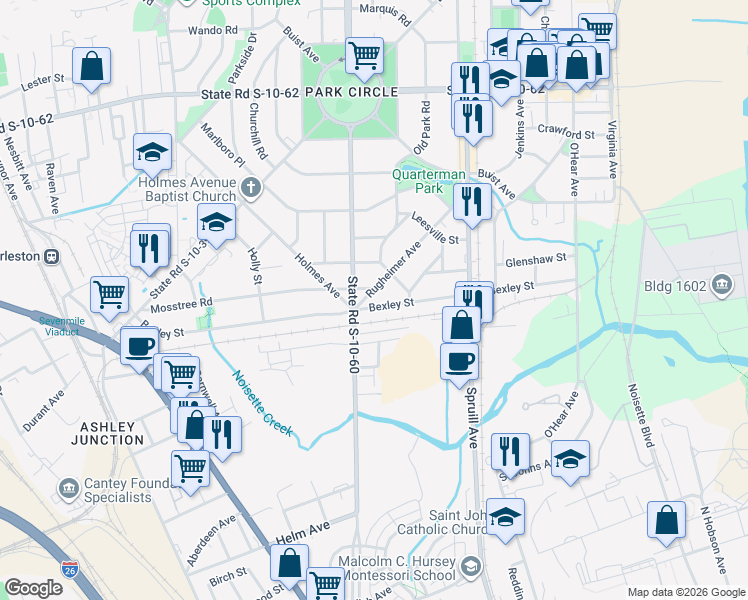 map of restaurants, bars, coffee shops, grocery stores, and more near 1191 Mosstree Road in North Charleston