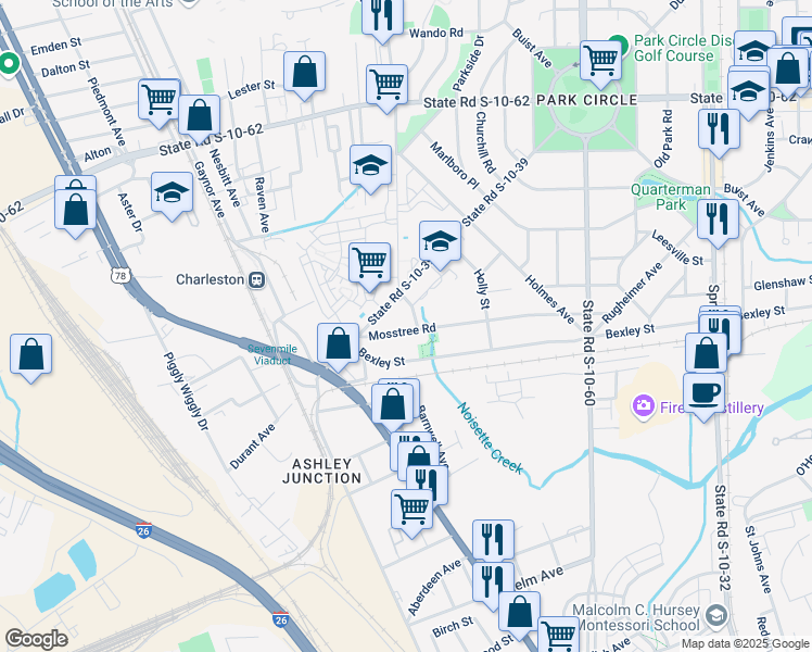 map of restaurants, bars, coffee shops, grocery stores, and more near 1500 Mosstree Road in North Charleston