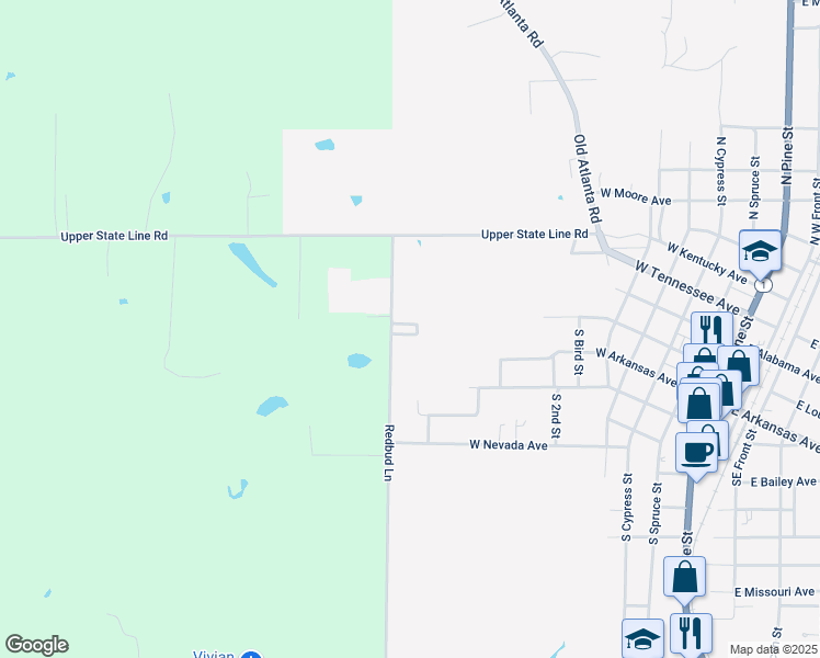 map of restaurants, bars, coffee shops, grocery stores, and more near 344 Redbud Lane in Vivian
