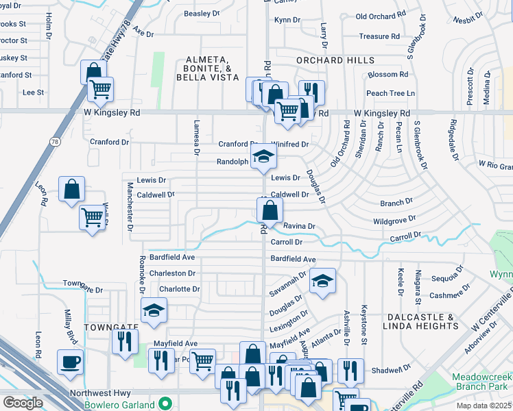 map of restaurants, bars, coffee shops, grocery stores, and more near in Garland