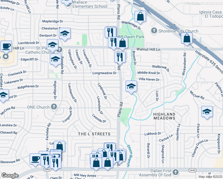 map of restaurants, bars, coffee shops, grocery stores, and more near 10620 Lorwood Drive in Dallas