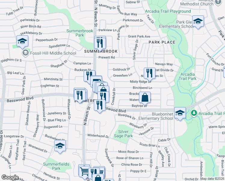 map of restaurants, bars, coffee shops, grocery stores, and more near 7509 Creekfall Drive in Fort Worth