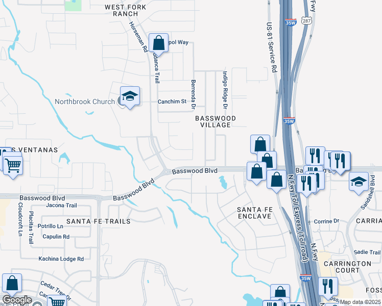 map of restaurants, bars, coffee shops, grocery stores, and more near 7425 Almondale Drive in Fort Worth