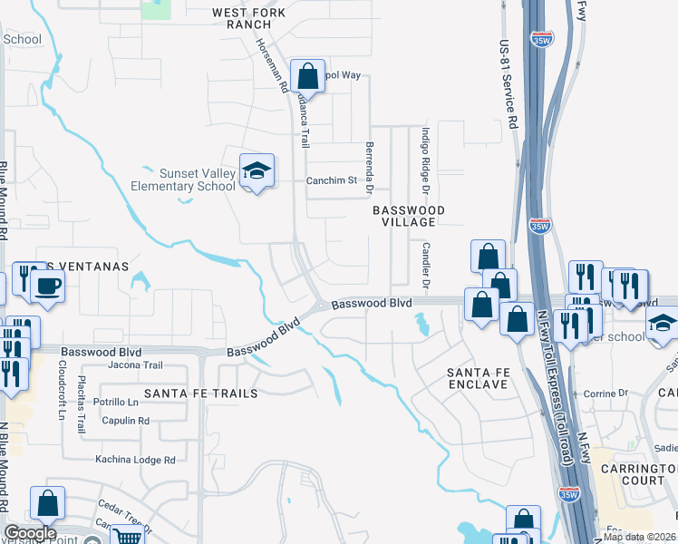 map of restaurants, bars, coffee shops, grocery stores, and more near 7417 Charbray Road in Fort Worth