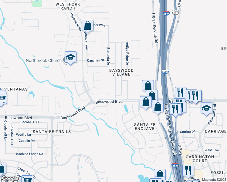 map of restaurants, bars, coffee shops, grocery stores, and more near 7425 Almondale Drive in Fort Worth