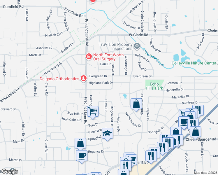 map of restaurants, bars, coffee shops, grocery stores, and more near 3044 Steve Drive in Hurst
