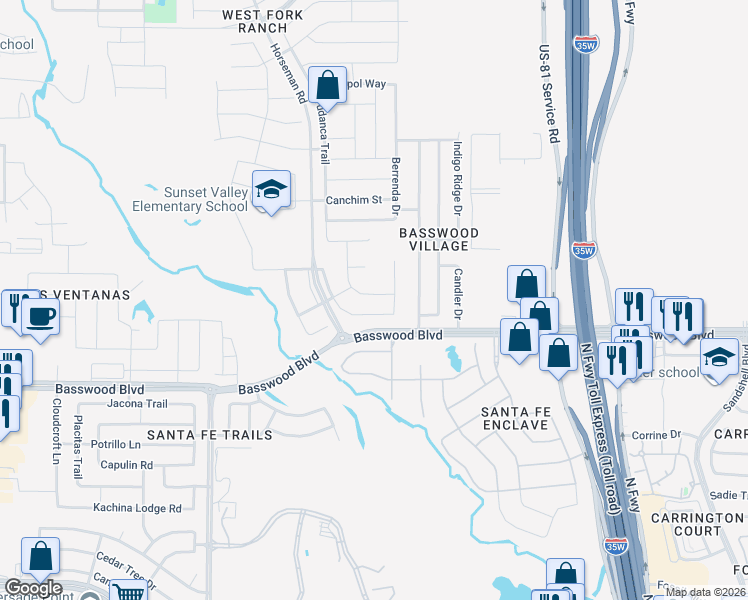 map of restaurants, bars, coffee shops, grocery stores, and more near 7417 Charbray Road in Fort Worth