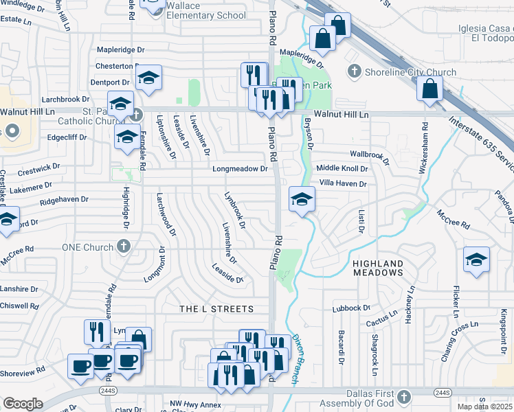 map of restaurants, bars, coffee shops, grocery stores, and more near 10620 Lorwood Drive in Dallas