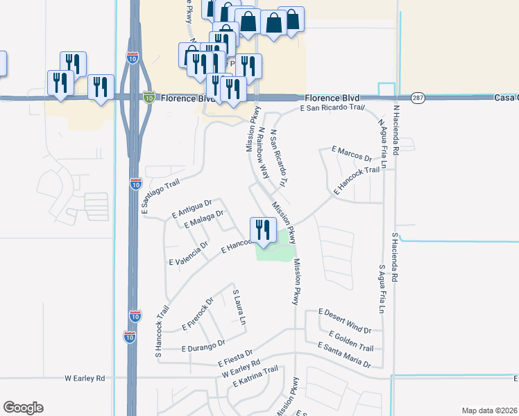 map of restaurants, bars, coffee shops, grocery stores, and more near North San Juan Trail in Casa Grande
