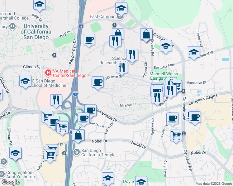 map of restaurants, bars, coffee shops, grocery stores, and more near 9224 Regents Road in San Diego