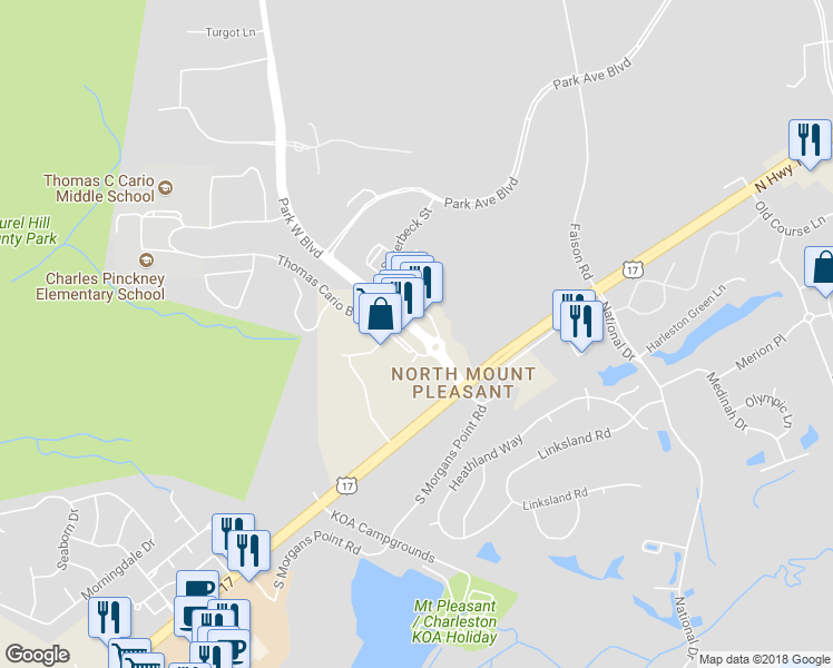map of restaurants, bars, coffee shops, grocery stores, and more near 701 Park West Boulevard in Mount Pleasant