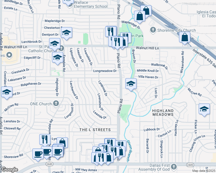 map of restaurants, bars, coffee shops, grocery stores, and more near 10620 Lorwood Drive in Dallas