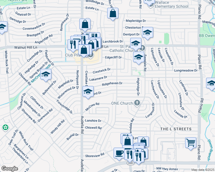 map of restaurants, bars, coffee shops, grocery stores, and more near 9920 Ridgehaven Drive in Dallas