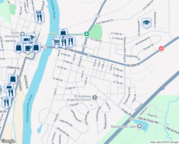 map of restaurants, bars, coffee shops, grocery stores, and more near 701 East 7th Street in West Point