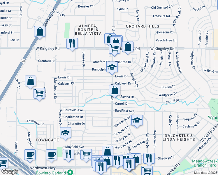 map of restaurants, bars, coffee shops, grocery stores, and more near in Garland