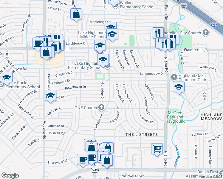 map of restaurants, bars, coffee shops, grocery stores, and more near 9306 Ferndale Road in Dallas