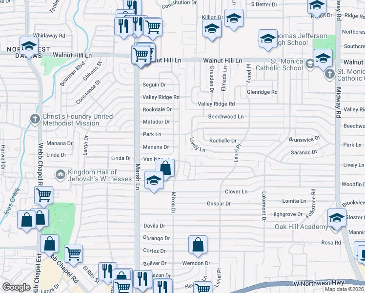map of restaurants, bars, coffee shops, grocery stores, and more near 9830 Mixon Drive in Dallas