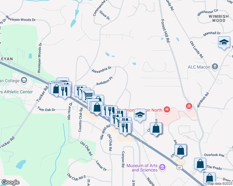 map of restaurants, bars, coffee shops, grocery stores, and more near 118 Alexandria Drive in Macon