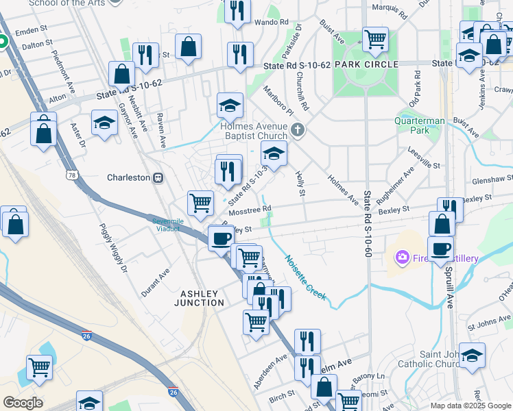 map of restaurants, bars, coffee shops, grocery stores, and more near 1500 Mosstree Road in North Charleston