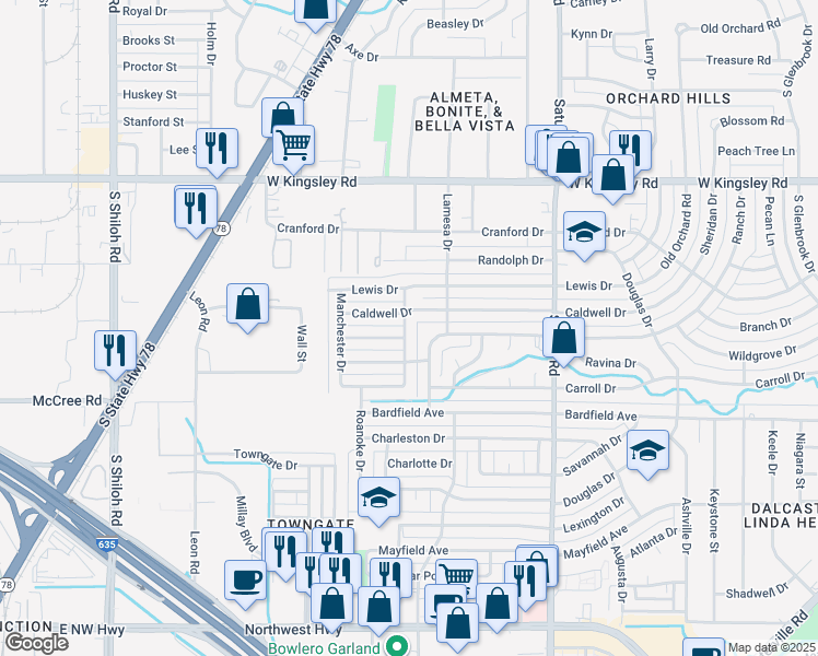 map of restaurants, bars, coffee shops, grocery stores, and more near 3500 Waldorf Drive in Garland