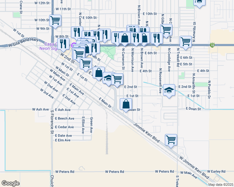 map of restaurants, bars, coffee shops, grocery stores, and more near 104 North Casa Grande Avenue in Casa Grande