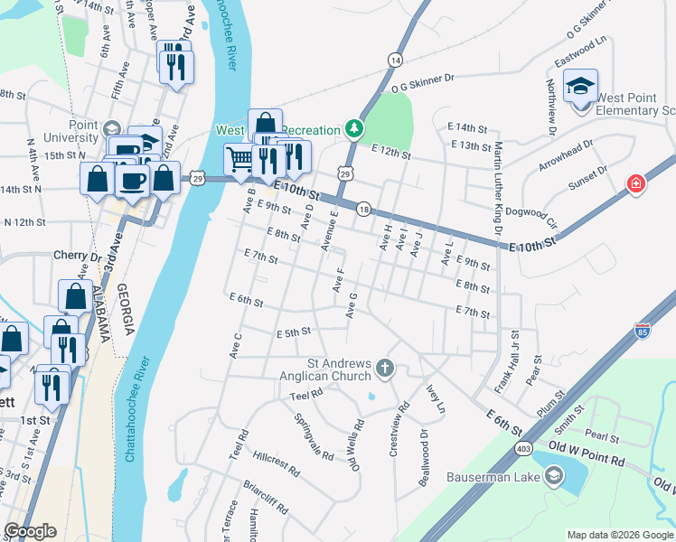 map of restaurants, bars, coffee shops, grocery stores, and more near 505 East 7th Street in West Point