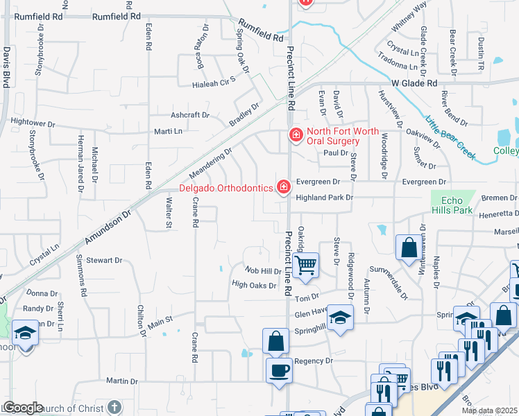 map of restaurants, bars, coffee shops, grocery stores, and more near 6920 Highland Crest Drive in North Richland Hills