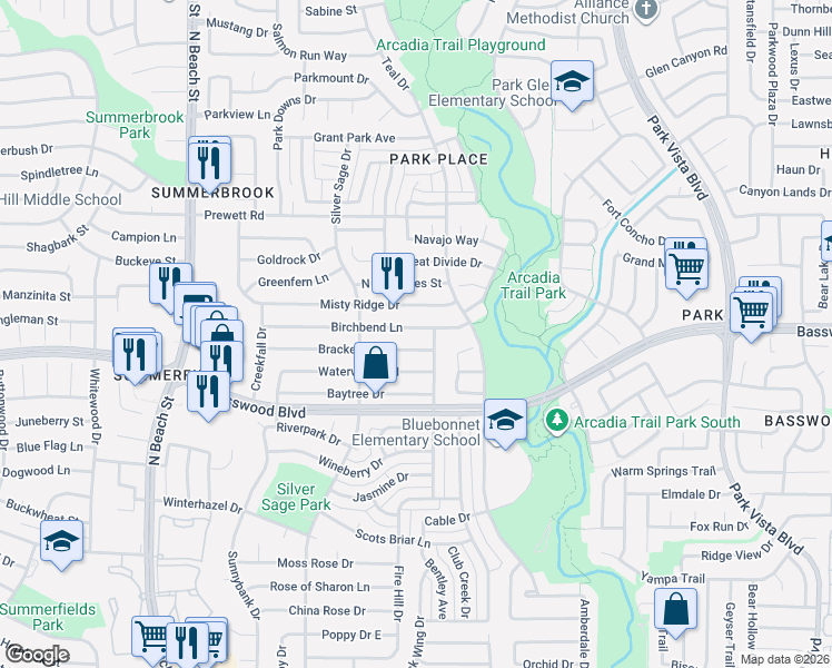 map of restaurants, bars, coffee shops, grocery stores, and more near 4748 Birchbend Lane in Fort Worth
