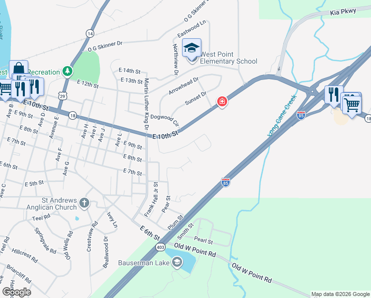 map of restaurants, bars, coffee shops, grocery stores, and more near 1418 Higgins Street in West Point