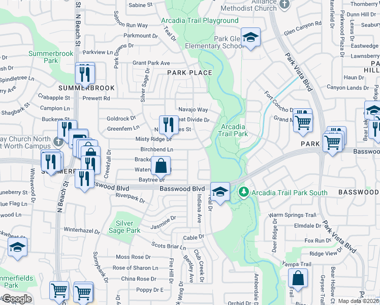 map of restaurants, bars, coffee shops, grocery stores, and more near 4812 Birchbend Lane in Fort Worth