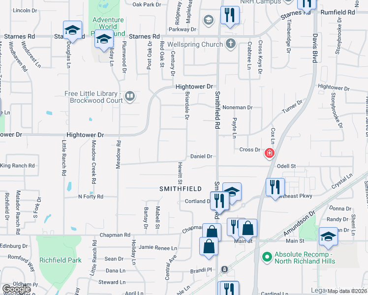 map of restaurants, bars, coffee shops, grocery stores, and more near 6917 Briardale Drive in North Richland Hills