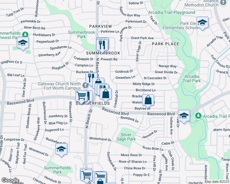 map of restaurants, bars, coffee shops, grocery stores, and more near 7509 Creekfall Drive in Fort Worth