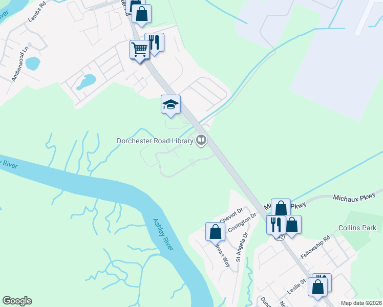 map of restaurants, bars, coffee shops, grocery stores, and more near 4338 Great Oak Drive in North Charleston