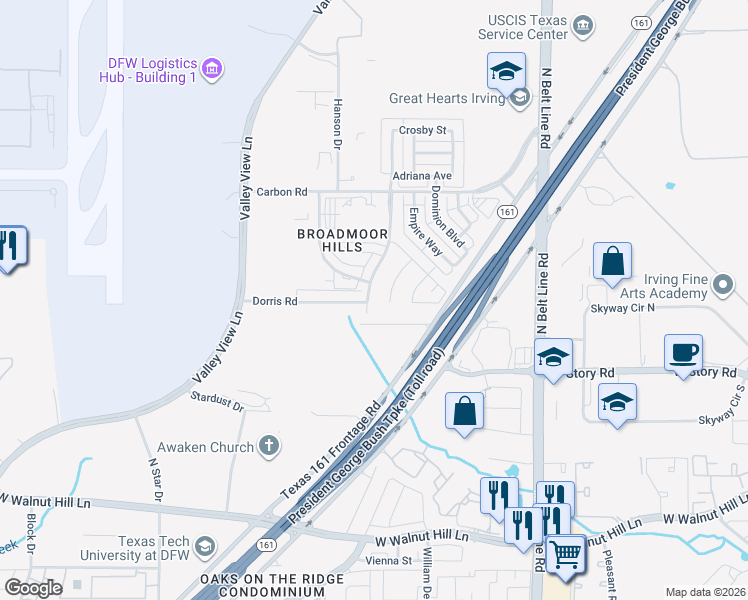map of restaurants, bars, coffee shops, grocery stores, and more near 4800 Montego Bay Drive in Irving