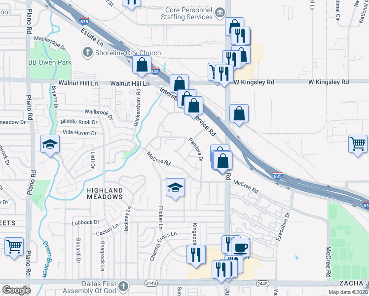 map of restaurants, bars, coffee shops, grocery stores, and more near 7 Pandora Drive in Dallas