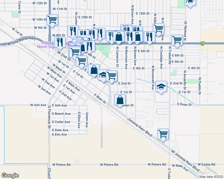 map of restaurants, bars, coffee shops, grocery stores, and more near 106 North Casa Grande Avenue in Casa Grande