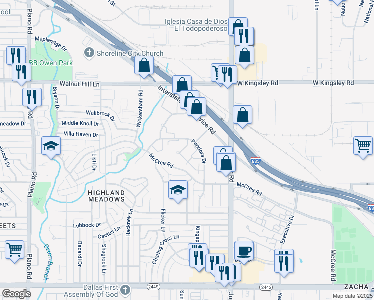 map of restaurants, bars, coffee shops, grocery stores, and more near 7 Pandora Drive in Dallas