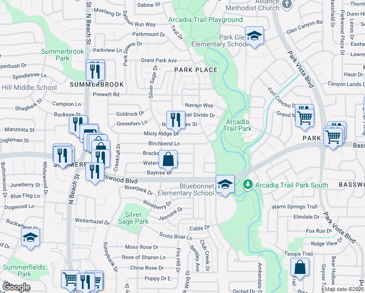 map of restaurants, bars, coffee shops, grocery stores, and more near 4748 Birchbend Lane in Fort Worth