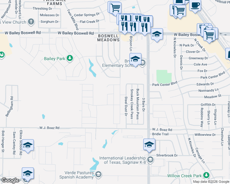 map of restaurants, bars, coffee shops, grocery stores, and more near 8448 Hawkview Drive in Fort Worth
