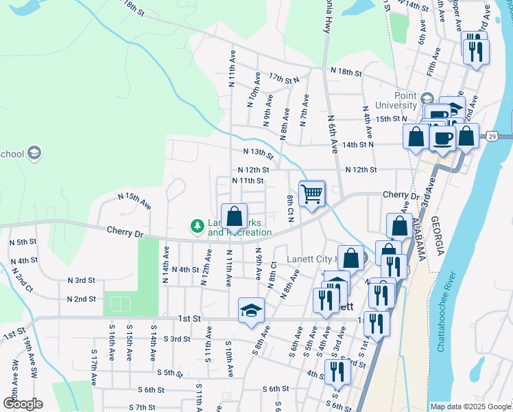 map of restaurants, bars, coffee shops, grocery stores, and more near 905 9th Street North in Lanett