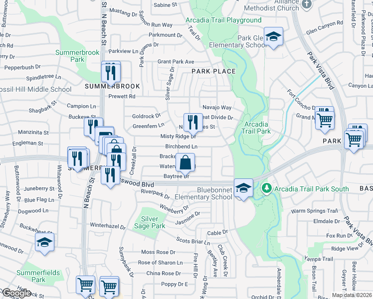 map of restaurants, bars, coffee shops, grocery stores, and more near 4712 Birchbend Lane in Fort Worth