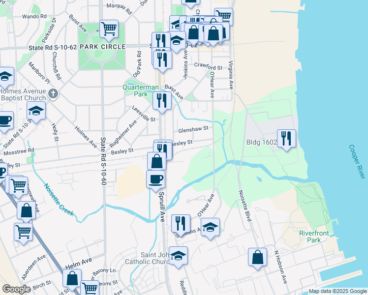 map of restaurants, bars, coffee shops, grocery stores, and more near 1079 Bexley Street in North Charleston