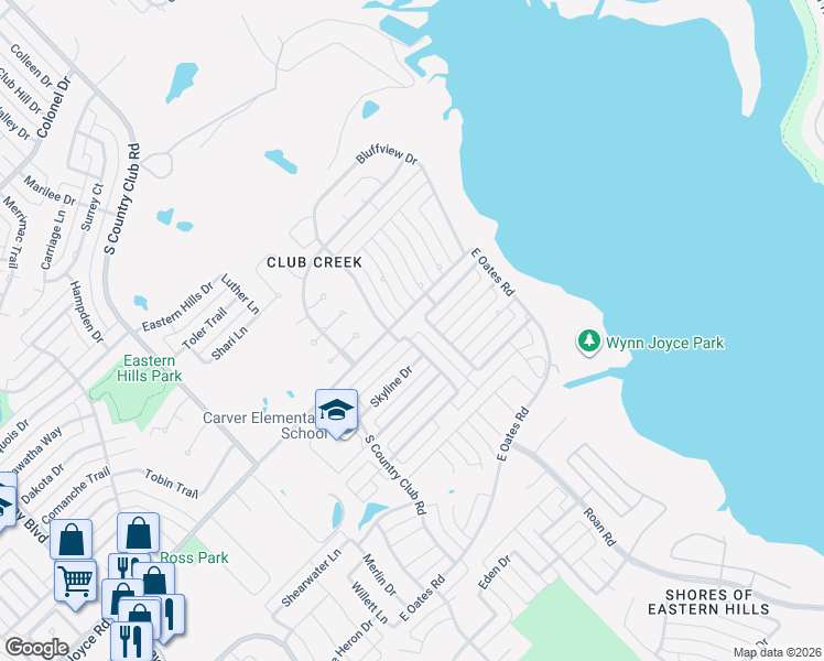 map of restaurants, bars, coffee shops, grocery stores, and more near 5902 Shadywood Lane in Garland