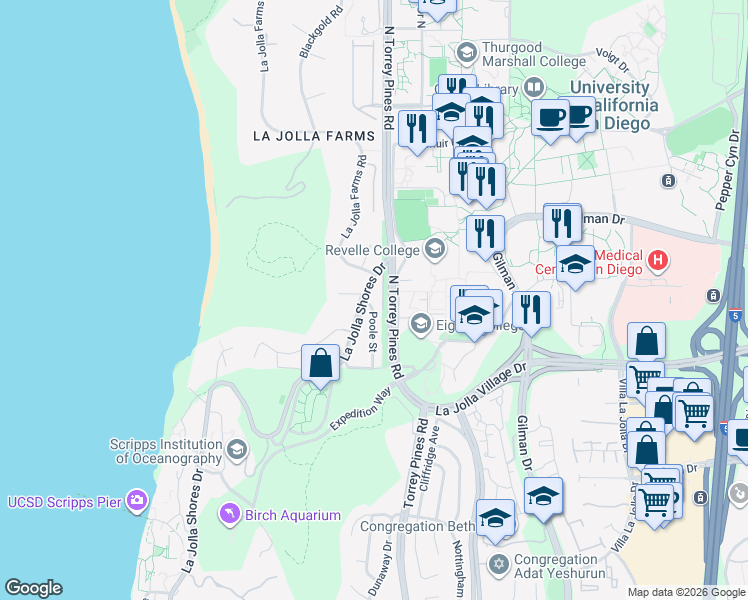 map of restaurants, bars, coffee shops, grocery stores, and more near 9575 Poole Street in San Diego