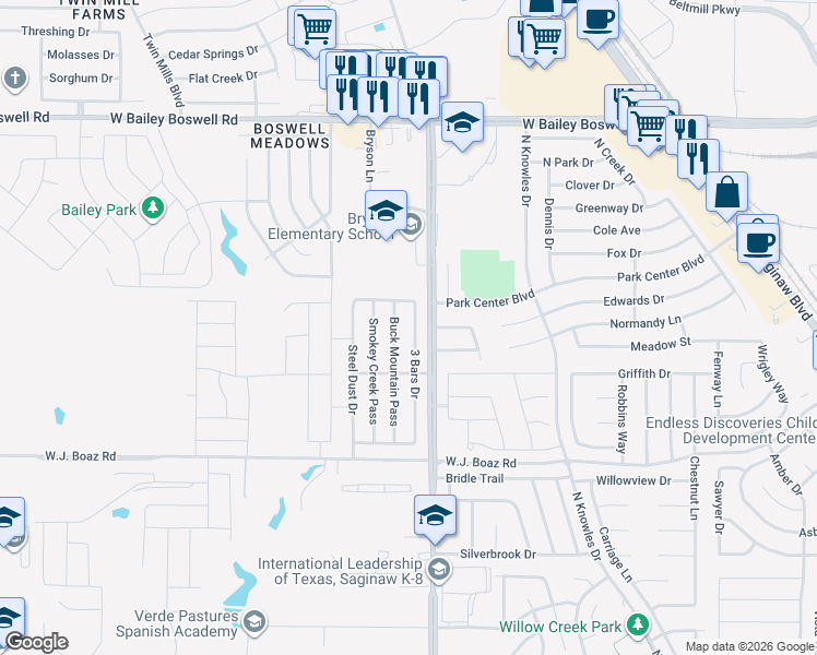 map of restaurants, bars, coffee shops, grocery stores, and more near 8509 3 Bars Drive in Fort Worth